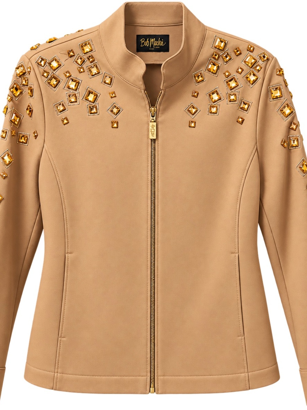 Bob Mackie Camel Bomber Jacket with Gold Gem Embellishments